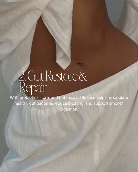 A minimalist, aesthetic ad featuring a focus on gut health benefits with soft, neutral tones and clear, educational copy.